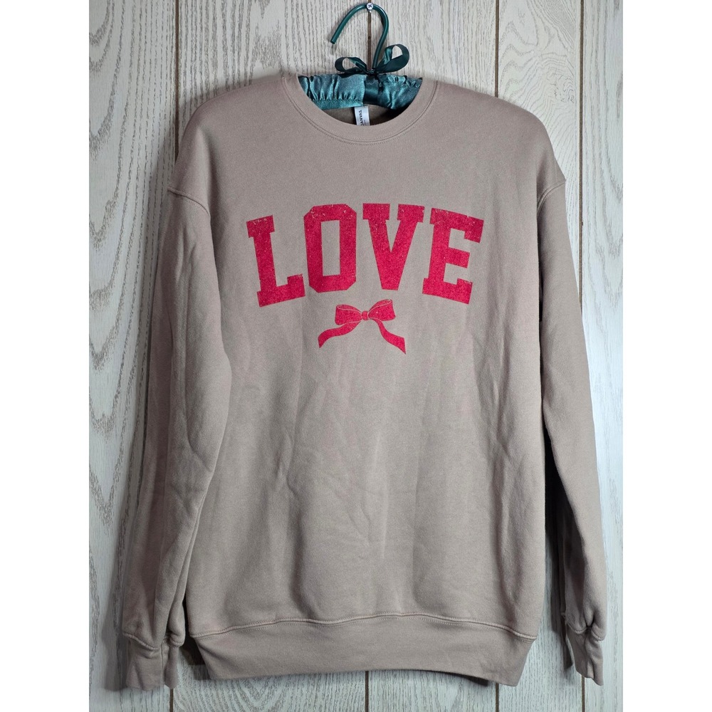 Bella Canvas Tan LOVE Distressed Bow Fleece Crewneck Sweatshirt Womens Small